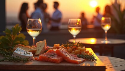 Naklejka premium People gather on rooftop at sunset for wine and cheese tasting. Salmon appetizer served with bread and herbs. Friends enjoy warm evening drinks and food.
