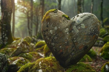 Obraz premium Mossy heart shaped rock resting on a bed of moss in a mysterious forest illuminated by sunlight