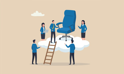 Fototapeta premium Career success promoted management opportunity or ladder of success concept, management office chair on cloud with ladder for talent and employee to climb up