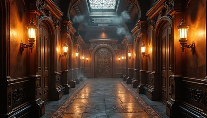 Fototapeta premium Dimly lit ornate steampunk hallway with warm lamps on walls. Intricate wooden paneling and stone floor leads to grand closed door. Smoke wisps drift in the air, creating mysterious atmosphere.