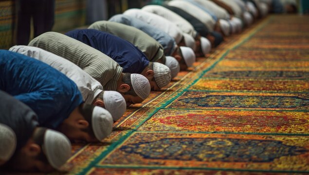 Men Praying on Carpet in Mosque.