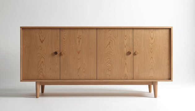 Minimalist wooden sideboard with four doors and round knobs. Simple clean design on white background. Modern furniture piece for home interior decor. Scandinavian style.