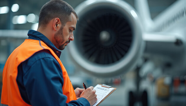 Man in safety vest checks plane engine with clipboard. Aviation mechanic writes notes on paper during aircraft repair. Professional engineer works in hangar. Aircraft maintenance technician job.
