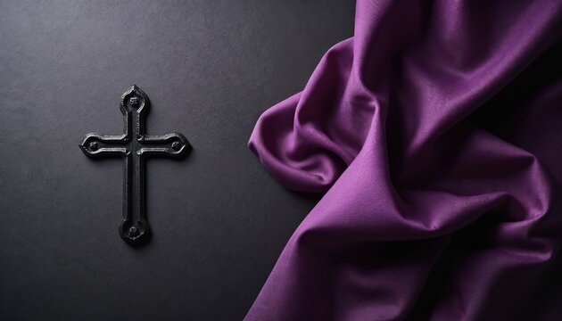 Black ornate cross symbol rests on dark texture beside flowing purple fabric. Christian religious symbol represents Ash Wednesday, Lent, solemnity, and faith. Faith and devotion concept.