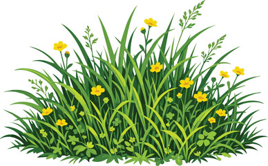 Generate a grass Wild green grass with small yellow flowers , natural vegetation with sharp detail. vector art with white background. © MD