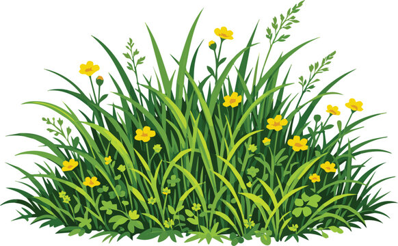 Generate a grass Wild green grass with small yellow flowers , natural vegetation with sharp detail. vector art with white background.