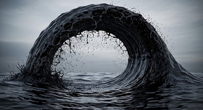 Powerful dark wave of viscous liquid forms a dramatic arch over a tumultuous ocean, conveying a sense of foreboding depth and abstract natural force