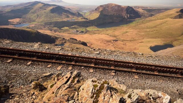 Aerial View from Mount Snowdon of Snowdonia Mountain Railway Tracks, Nantlle Ridge and Llyn Cwellyn Lake at Eryri National Park, Wales, UK