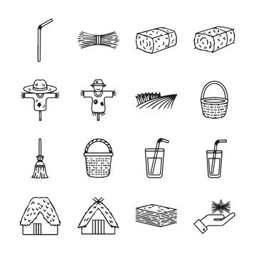 Farm Icons: Straw Hay Bales Scarecrows Baskets Drinks and Huts | Hand-Drawn Vector Elements