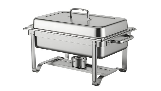 A stainless steel chafing dish on a stand with a transparent background