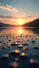Obraz premium Low angle sunrise over calm water surface with ripples and sun reflection. Mountains outline distant horizon at dawn. Peaceful nature scene.