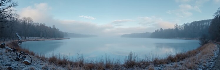 Obraz premium Wide panorama of frozen lake bordered by misty forest and frosted grass. A bicycle rests by a small shelter near the water edge on a clear winter day.