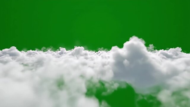 White fluffy clouds floating in sky on green screen background