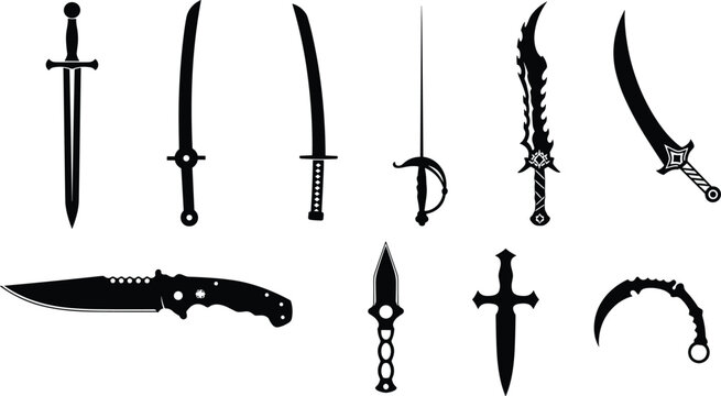 Bladed weapons silhouettes collection featuring swords, daggers, knives, katanas, scimitars, fantasy blades, medieval styles, tactical vector illustration
