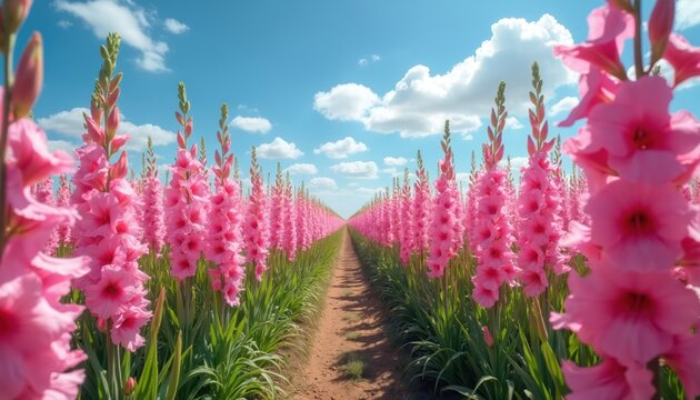 Vast pink gladiolus field stretches to horizon under blue sky with white clouds. Rows of tall flowers with green leaves grow in cultivated rows on sunny day. Straight dirt path divides flower
