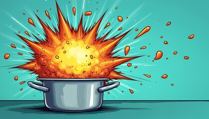 Fototapeta premium Cartoon pot explodes with hot food in kitchen. Orange fiery blast with steam and splashes rises upward. Funny culinary chaos and cooking mishap illustration.