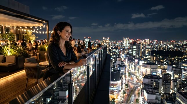 Elegant woman enjoying the vibrant cityscape from a luxurious rooftop bar at night, admiring the sparkling lights of the metropolis.
