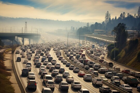 Vehicles stuck in a massive traffic jam on a multi lane freeway, contributing to significant smog