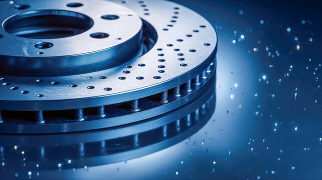 Metal ventilated perforated disc brake rotor with reflective surface and bokeh lights showcasing industrial automotive precision components close-up