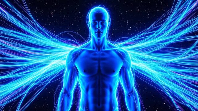 Blue glowing humanoid figure with energy wings