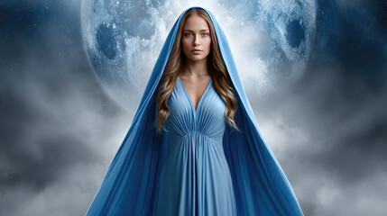 Obraz premium Woman embodying divinity and grace, standing against a full moon, symbolizing spirituality, faith, and heavenly guidance, exuding an aura of peace and hope