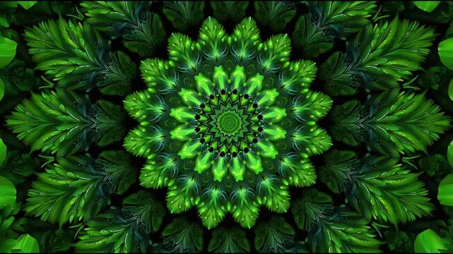 Kaleidoscopic forest pattern with swirling green leaves creating a mesmerizing symmetrical design of nature's intricate beauty