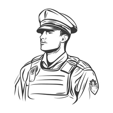 A drawing of a uniformed man with a peaked cap