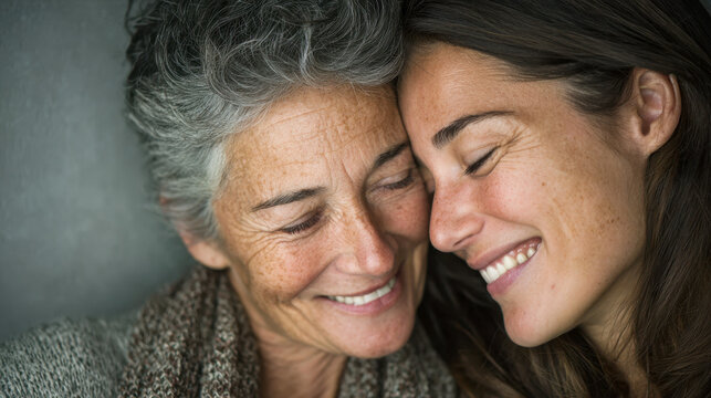 Warm and affectionate moment between an older woman and younger woman sharing a tender smile and close embrace symbolizing love and family bond