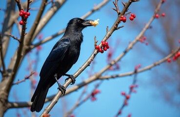 Naklejka premium Black crow perched on a branch with red berries, eating food. Clear blue sky background, sharp focus on bird and branch, bokeh effect on foliage.