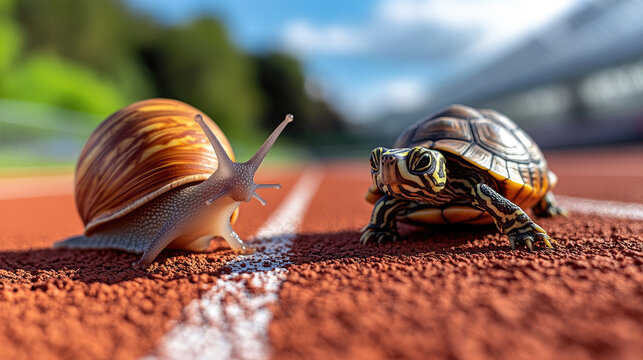 Slow moving snail and determined turtle standing side by side on a red athletic track at a white starting line, symbolizing contrast, an unlikely race, and the underdog spirit in a competitive world