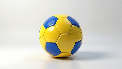 Fototapeta premium Yellow and blue sport ball with hexagonal and pentagonal panels. Futuristic design object rests on clean white surface. Graphic element perfect for sports themes, games, or team logos.
