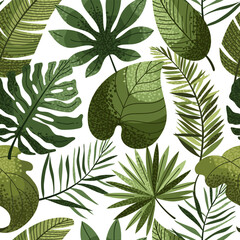 Seamless pattern of tropical leaves. Exotic summer paradise. Green jungle. Blooming garden. Vector illustration. © FRIEVA