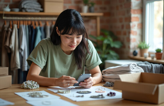 Young asian woman creates jewelry business from home. She takes photos of handmade items for online store. Woman organizes inventory and packing materials. She uses phone for product presentation.