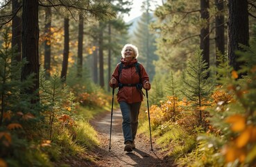 Fototapeta premium Happy senior woman with backpack hikes in sunny autumn forest with poles. She smiles walking on dirt path amidst colorful fall trees and green pine trees, enjoying nature.