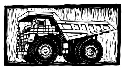 Large industrial mining dump truck in hand drawn linocut illustration style © Amelia