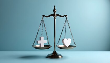 Scales of justice balance white medical cross and heart symbol. Symbolizes healthcare policy decisions legal choices and public health system evaluation. Fairness in medicine.