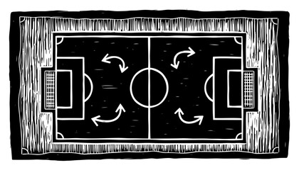 Soccer field tactical diagram top view in vintage linocut style © Amelia