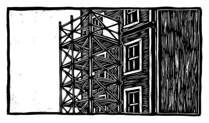 Fototapeta premium Construction scaffolding on a building facade in retro woodblock print style