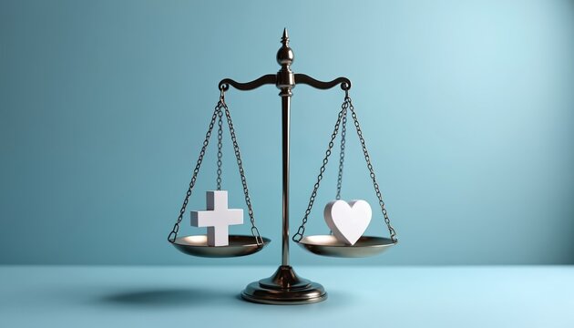 Scales of justice balance white medical cross and heart symbol. Symbolizes healthcare policy decisions legal choices and public health system evaluation. Fairness in medicine.