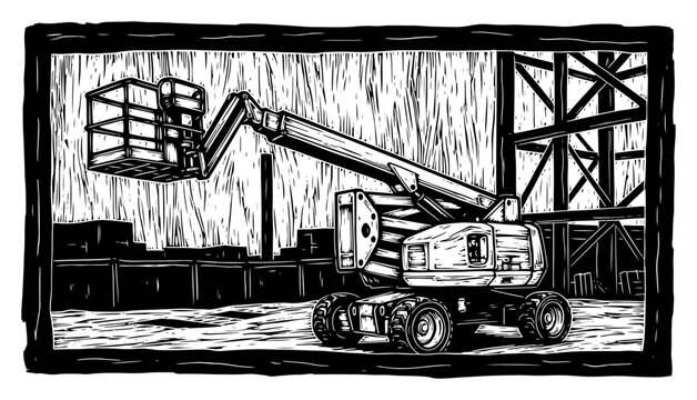 Industrial telescopic boom lift at construction site in vintage woodcut style