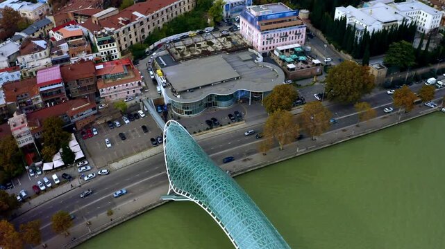 Tbilisi aerial drone view featuring the  Palace, modern architecture of Rike Park_and historic Old Town