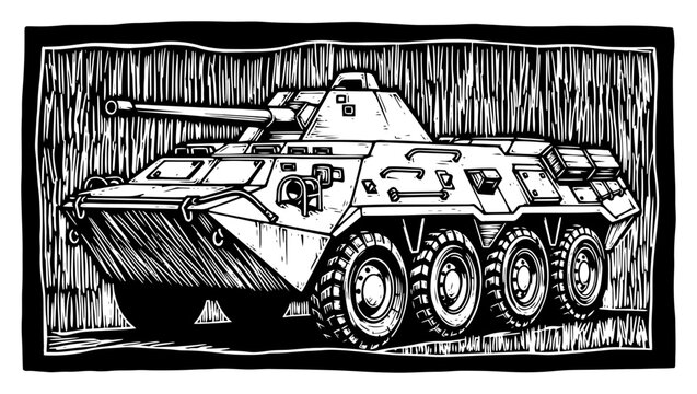 Military armored personnel carrier vehicle in vintage linocut style