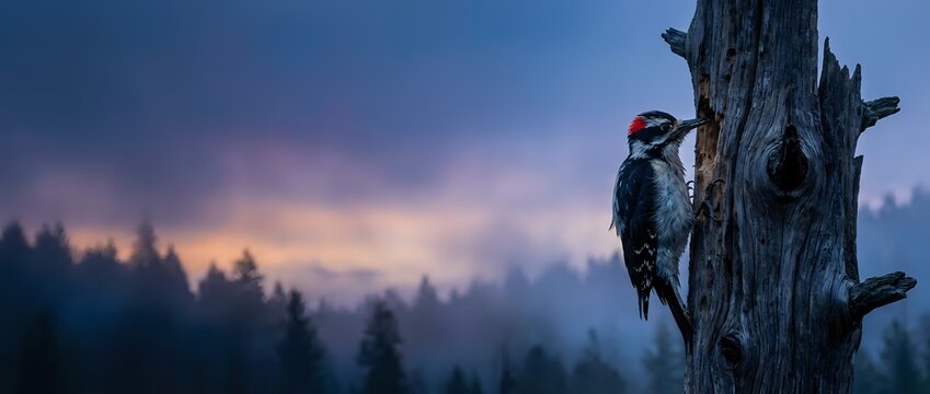 Woodpecker perched on dead tree trunk during twilight hour with misty forest landscape and colorful sunset sky in background for nature photography projects.