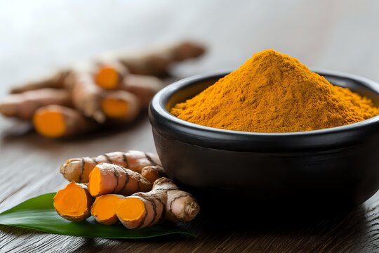 Fresh turmeric powder in black bowl with raw turmeric roots on wooden surface for cooking, health supplements and natural medicine applications.