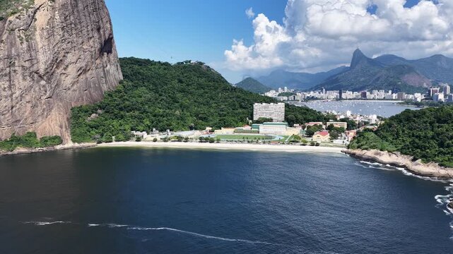 Rio De Janeiro Skyline In Urca Beach In Brazil. Sugarloaf Mountain Landscape. Downtown City. Guanabara Bay Skyline. Rio De Janeiro Skyline In Urca Beach In Brazil. Tourism Landmark. 