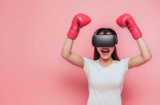Young Asian woman wearing VR headset and red boxing gloves celebrating victory with raised arms on pink background for fitness gaming and virtual reality sports.