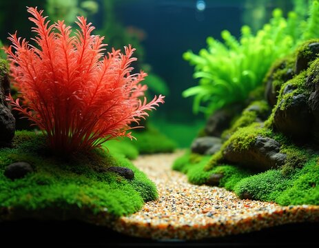 Aquarium aquascape features red Rotala indica plant and green mossy rocks. Sandy path leads through lush underwater green plants and gravel substrate.