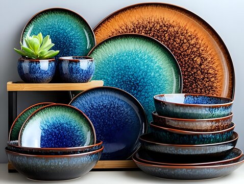 Handcrafted ceramic dinnerware set with reactive glaze finish in blue and orange tones, featuring plates and bowls with organic speckled patterns for modern dining.