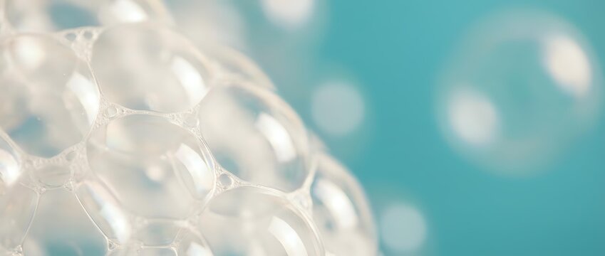 Abstract bubble wrap texture with soft bokeh lights on turquoise background for packaging design and protective material concepts.
