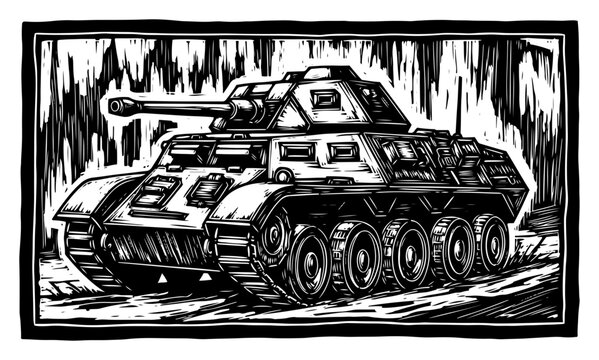 Heavy armored combat tank in vintage hand drawn linocut style